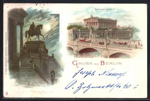 Lithographie Berlin, National-Galerie, Reiterstandbild Wilhelm IV.