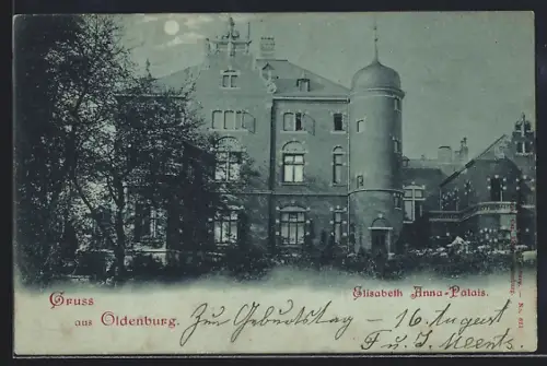 Mondschein-AK Oldenburg / O., Elisabeth Anna-Palais