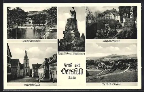 AK Gersfeld /Rhön, Schwimmbad, Fliegerdenkmal Wasserkuppe, Sanatorium, Marktplatz, Totalansicht