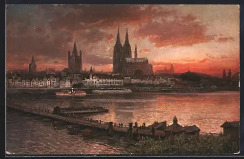 Künstler-AK Köln, Rheinpartie bei Sonnenuntergang