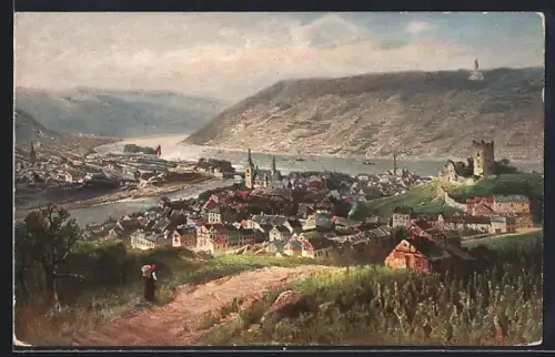 Künstler-AK Bingen / Rhein, Ortsansicht mit Flusspartie