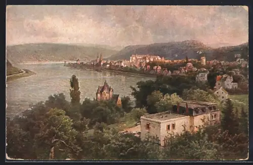 Künstler-AK Boppard, Ortsansicht aus der Vogelschau