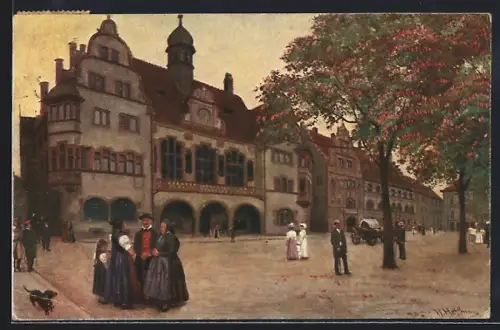 Künstler-AK Freiburg i. Br., Altes und neues Rathaus