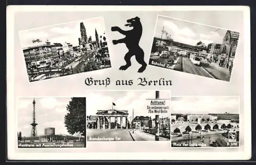 AK Berlin, Kurfürstendamm, Bahnhof Zoo, Brandenburger Tor, Funkturm, Platz der Luftbrücke