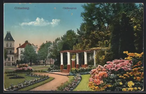 AK Oldenburg / O., Blumenbeete auf dem Cäcilienplatz