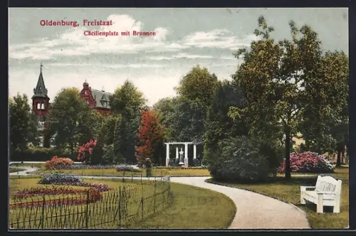 AK Oldenburg / O., Cäcilienplatz mit Brunnen und Sitzbank