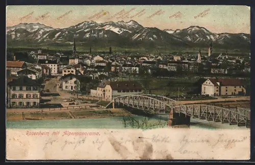 AK Rosenheim, Ortsansicht mit Alpenpanorama