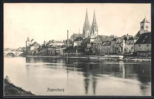 AK Regensburg, Flusspartie mit Blick auf den Ort