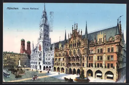 AK München, Neues Rathaus mit Strassenbahn