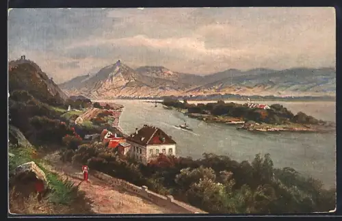 Künstler-AK Rolandseck, Ortsansicht mit Rheininsel