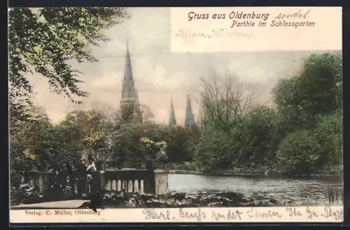 AK Oldenburg /O., Partie im Schlossgarten