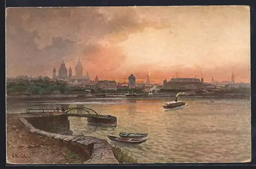 AK Mainz, Blick auf die Stadt in der Abenddämmerung mit Flusspartie