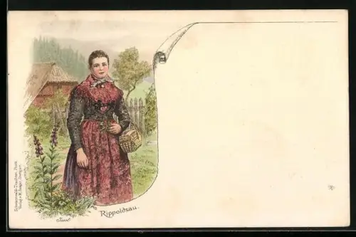 Lithographie Rippoldsau, Frau in Tracht mit Korb