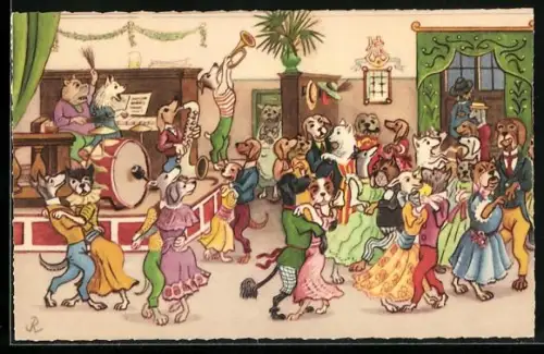 AK Hundepaare tanzen auf einem Ball, vermenschlichte Tiere