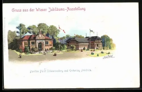 Künstler-AK Wien, Jubiläums-Ausstellung 1898, Pavillon Fürst Schwarzenberg und Erzherzog Friedrich