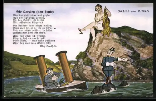 Künstler-AK Loreley sitzt auf dem Felsen und kämmt das Haar, Richtbeamter zeigt dem Schiff den Weg