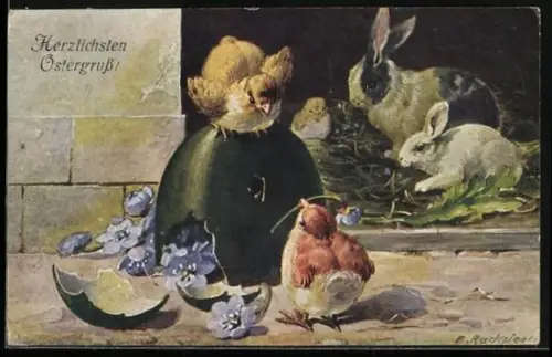 Künstler-AK E.Reckziegel: Ein kleines Küken überbringt einem anderen Küken eine Blume, Zwei Hasen schauen zu