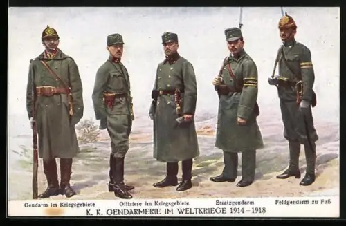 AK Polizei, K.K. Gendarmerie 1917, Offiziere, Gendarm und Feldgendarm
