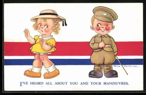 Künstler-AK Vera Paterson: Mädchen wendet sich wütend vom Knaben in Uniform ab