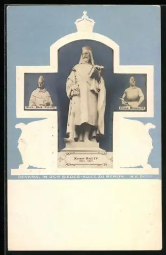 Präge-AK Berlin-Tiergarten, Denkmal Kaiser Karl IV. in der Siegesallee, Kreuz-Passepartout