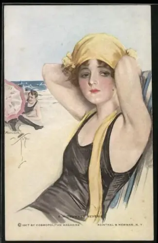 Künstler-AK Harrison Fisher: A Midsummer Reverie, Junge Frau am Strand, Im Hintergrund Pärchen hinterm Schirm