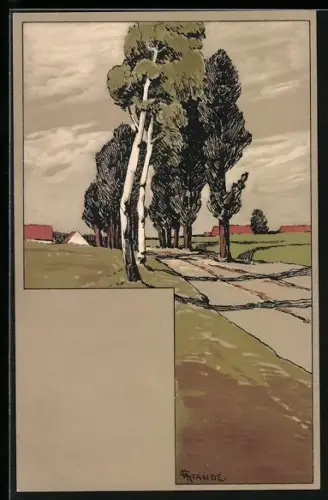 Künstler-AK sign. H. Grande: Bäume entlang einer Landstrasse im Sturm
