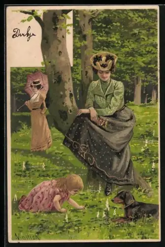 Künstler-AK Alfred Mailick: Damen mit Kind und Dackel im Park