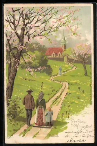 Künstler-AK Alfred Mailick: Familie auf dem Weg zur Kirche, Pfingstgruss