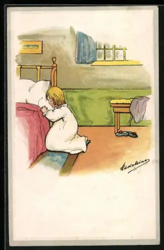 Künstler-AK sign. Madeleine: Kind beim Nachtgebet