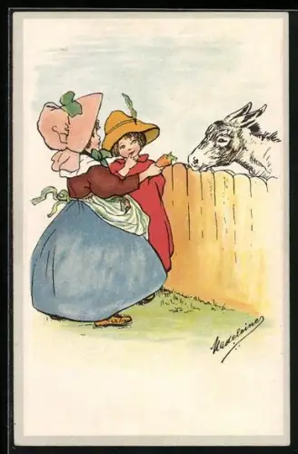 Künstler-AK sign.: Madeleines, Kinder füttern einen Esel