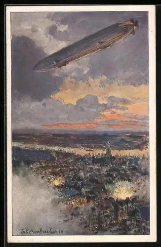Künstler-AK Themistokles von Eckenbrecher: Schlacht in Antwerpen, Zeppelin darüber
