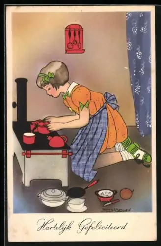 Künstler-AK Willy Schermele: Mädchen kniet am Herd, Glückwunsch