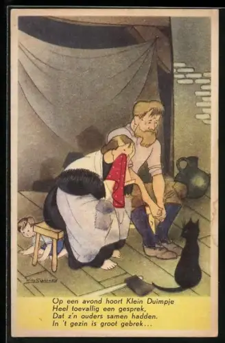 Künstler-AK Willy Schermele: Der Däumling unter Vaters Stuhl