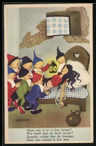 Künstler-AK Willy Schermele: Sneeuwitje in bed de dwegen, Schneewittchen und die sieben Zwerge