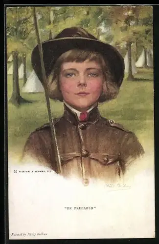 Künstler-AK Philip Boileau: Be prepared. Sei bereit. Mädchen in Uniform vor Zelten