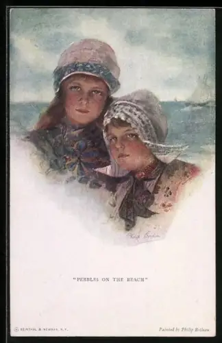 Künstler-AK Philip Boileau: Pebbles on the Beach, Zwei junge Frauen mit Hauben