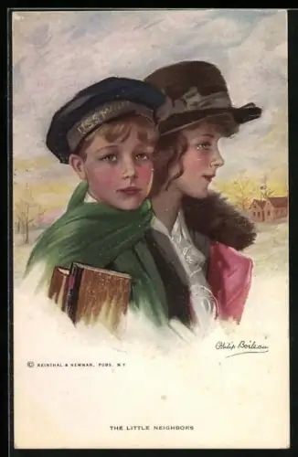 Künstler-AK Philip Boileau: Junge mit Büchern unter dem Arm mit seiner Freundin