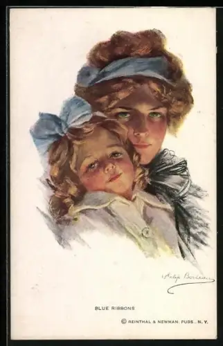 Künstler-AK Philip Boileau: Blue Ribbons, Mutter und Tochter mit blauen Schleifen im Haar
