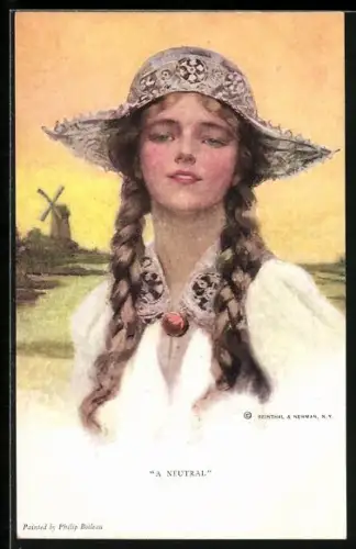 Künstler-AK Philip Boileau: A Neutral, junge Frau mit Hut vor einer Windmühle