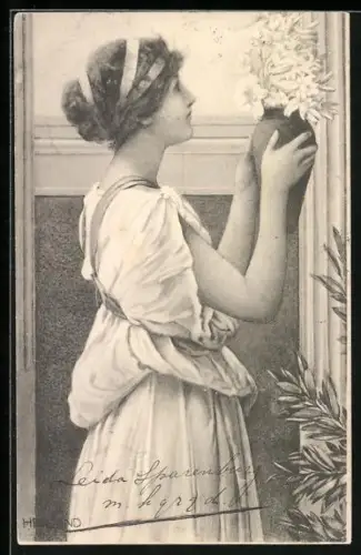 Künstler-AK Henry Ryland: Frau mit Blumen in der Vase