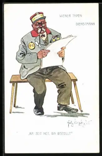 Künstler-AK Fritz Schönpflug: Wien, Dienstmann liest Zeitung, Wiener Typen