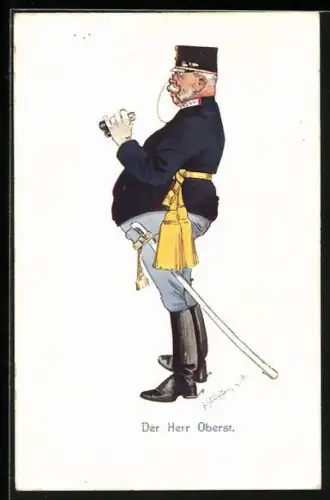 Künstler-AK Fritz Schönpflug: Schmerbäuchiger Offizier mit Fernglas