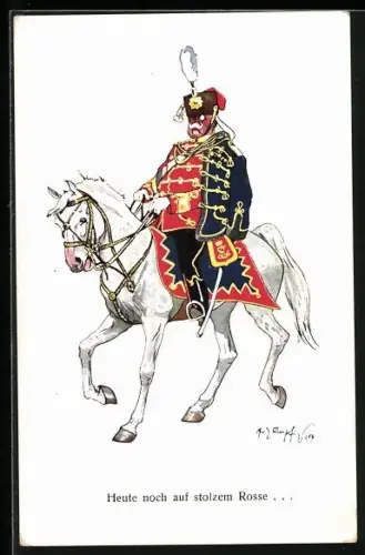 Künstler-AK Fritz Schönpflug: Heute noch auf stolzem Rosse..., Veteran auf Schimmel