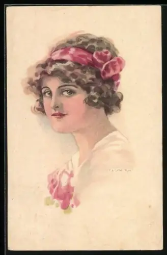 Künstler-AK Luis Usabal: Porträt einer jungen Frau mit Haarband und Rose als Brosche