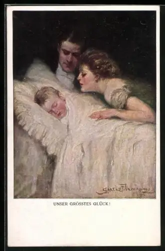 Künstler-AK Clarence F.Underwood: Mutterglück, The Greatest Thing In The World, Eltern beobachten ihr schlafendes Kind