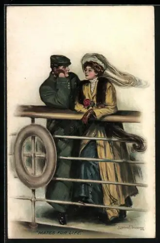 Künstler-AK Clarence F.Underwood: Junger Mann betrachtet seine Angebeteten, die an der Reeling des Schiffes steht