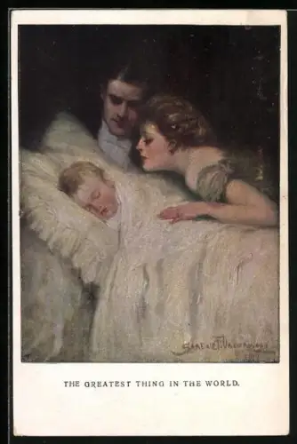 Künstler-AK Clarence F. Underwood: Eltern bei ihrem Kind am Bett