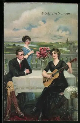 Künstler-AK Clarence F. Underwood: Frau mit Gitarre und junger Herr am Tisch