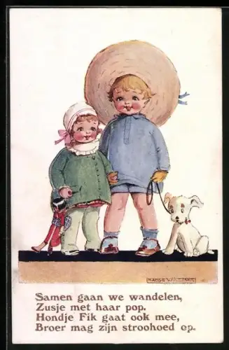 Künstler-AK sign. Madge Williams: Schwestern mit kleinem Terrier