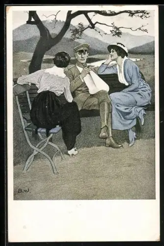 Künstler-AK Brynolf Wennerberg: Daheim, Soldat wird von zwei Frauen umringt